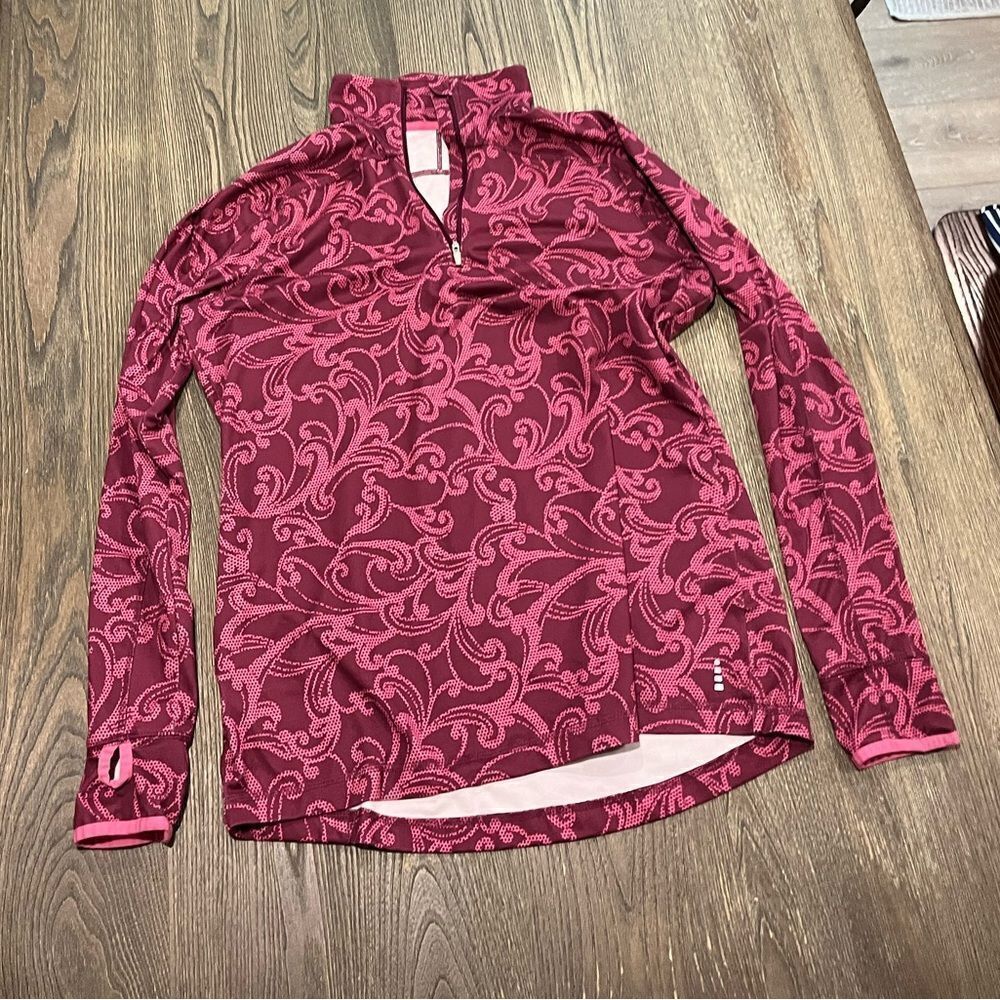 Lands' End Athletic Shirt Paisley Long Sleeve 1/4 Zip Pullover Stretch Pink L